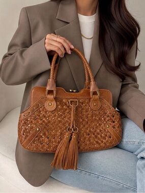 Rafe New York Woven Leather Kiss Lock Bag Brown Tassel Boho Luxe